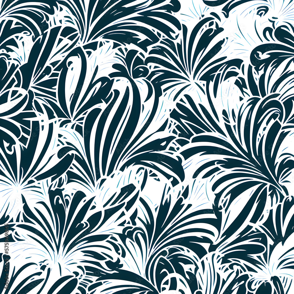 Tropical motifs wavy pattern line art. Generative AI Tropical motifs wavy pattern line art. Generative AI