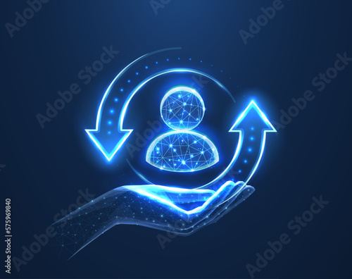 Customer support. Client icon on hand isolated on blue. All inclusive customer care, client servise, employee retention, human resourse