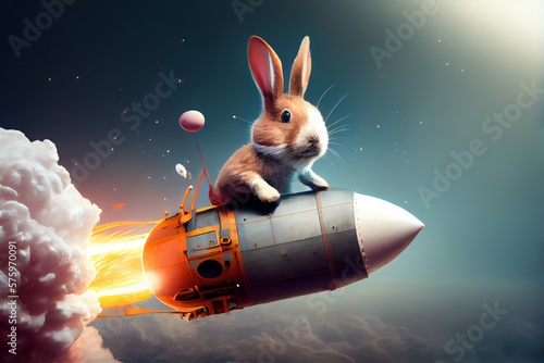 Fototapeta Naklejka Na Ścianę i Meble -  Bunny Rabbit Riding On A Rocket Ship. Generative AI