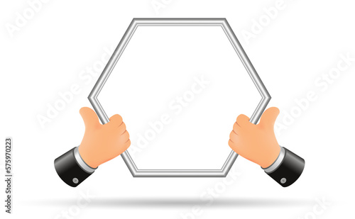 Two cartoon hands hold the frame. Empty frame, free space for copying. Template for text and image.
Vector drawing, 3d.
