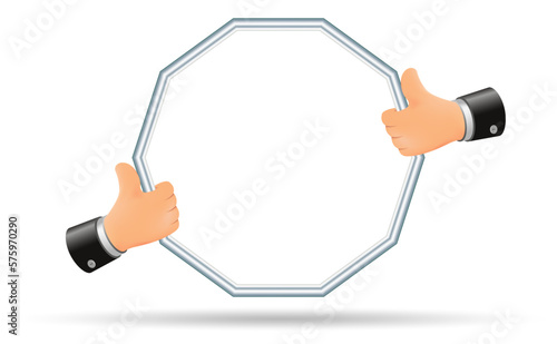 Two cartoon hands hold the frame. Empty frame, free space for copying. Template for text and image.
Vector drawing, 3d.
