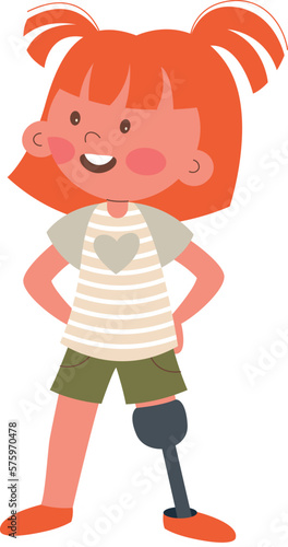 Disability kid flat icon Girl with leg prosthesis
