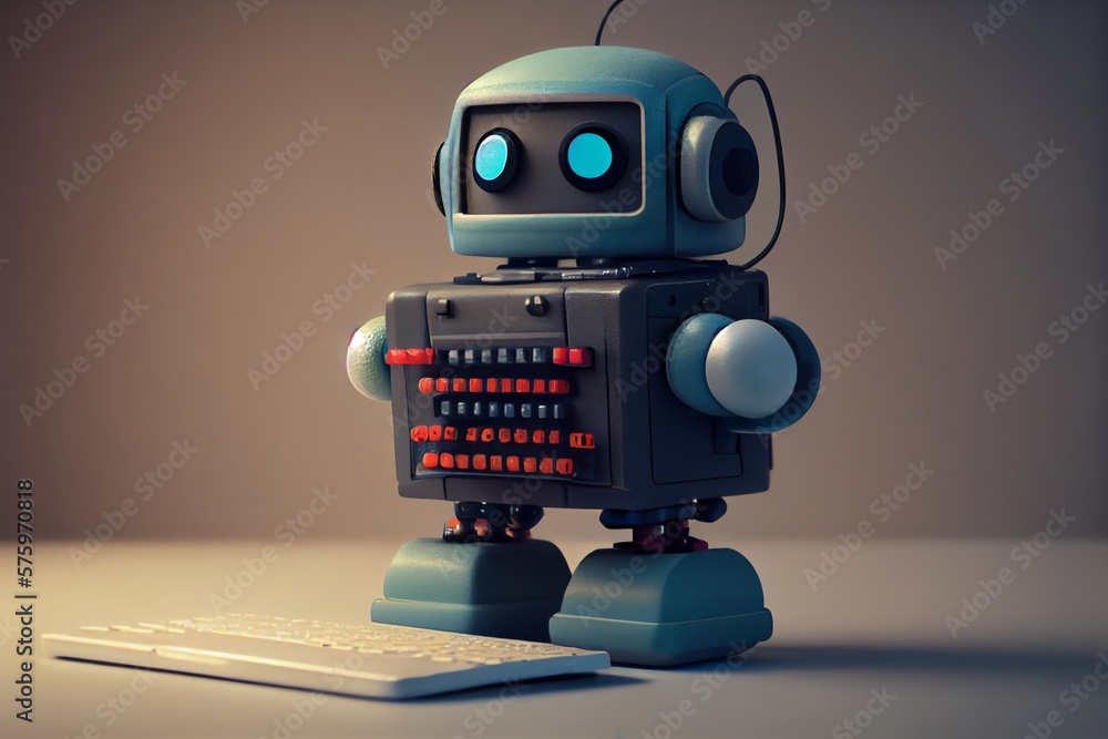 Cute Retro Robot As Ai Chatbot Typing On Computer. Generative AI Cute Retro Robot As Ai Chatbot Typing On Computer. Generative AI