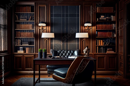 Dark Denim Grass Cloth Wallpaper With Dark Brown Wood  Mid Century Modern Interior Of Gentleman Study Library  Symmetrical Manly. Generative AI