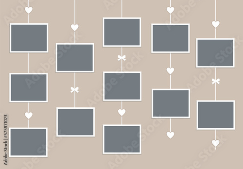 Set of black hanging photo frames on beige background. Vector realistic mockup. 12 horizontal photo cards with white border, hearts and bows. Blank Template for collages, holiday cards design. EPS10