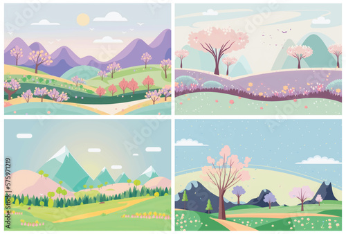 Peaceful natural landscape illustration with green trees, rolling hills, and a clear blue sky - perfect for any project needing a serene outdoor setting. This vector artwork 