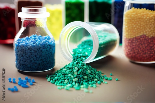Eco-Friendly, Biodegradable Plastic Granules In A Variety Of Colors Laying In Lab Table. Plastic Raw Materials. Generative AI