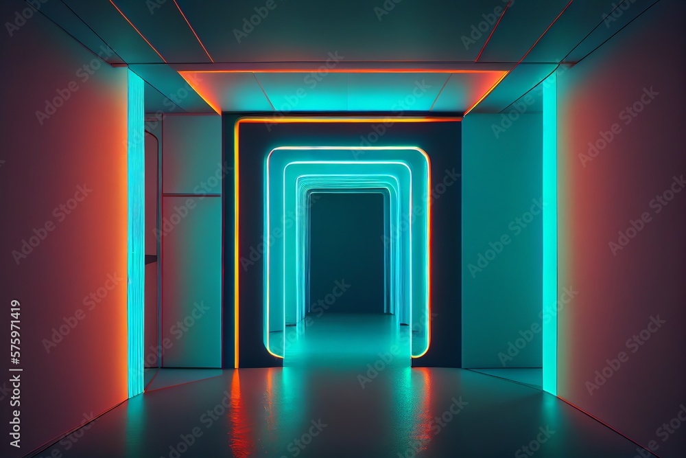 Empty Futuristic Room Illuminated By Neon Tube Light. Generative AI Empty Futuristic Room Illuminated By Neon Tube Light. Generative AI
