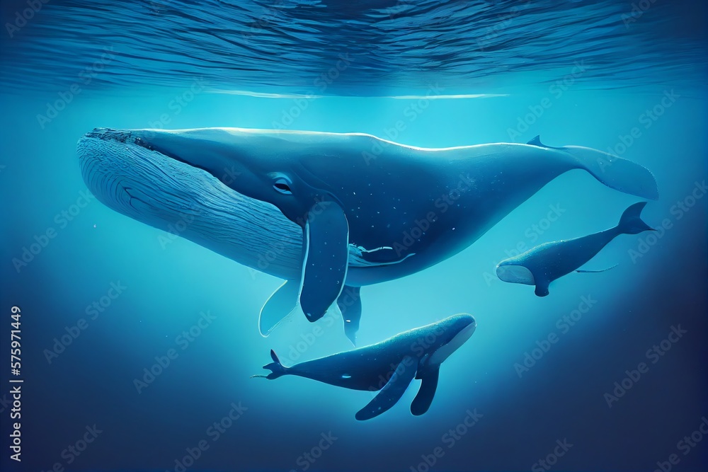 Family Blue Whale Under Water, Ocean. Generative AI Family Blue Whale Under Water, Ocean. Generative AI