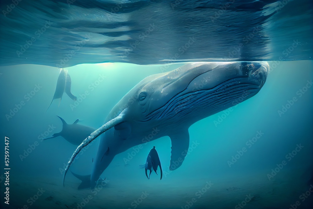 Naklejka premium Family Blue Whale Under Water, Ocean. Generative AI