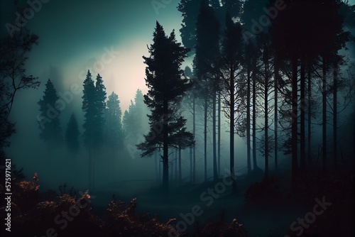 Foggy Forest Scene In Darken Colors Technology. Generative AI © Pixel Matrix