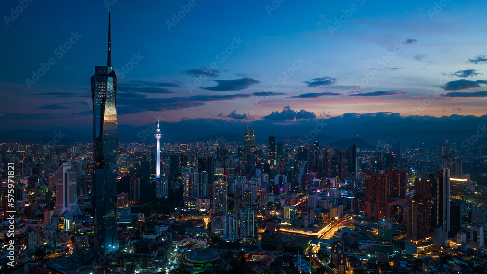 Fototapeta premium Aerial view The world's second tallest building PNB118 or Merdeka 118 during sunrise