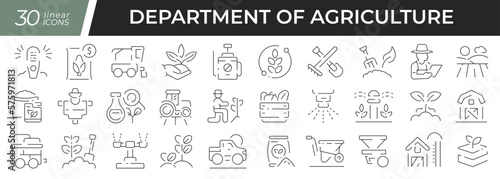Agriculture department linear icons set. Collection of 30 icons in black