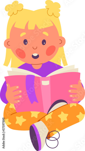 Children read book flat icon Cute girl reading literature