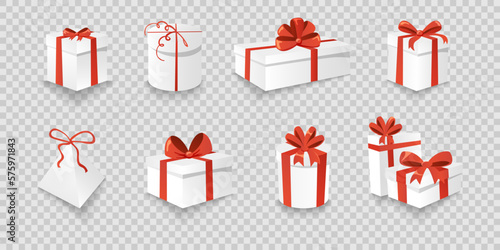 Set of different present gift. Surprise box with red ribbon