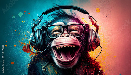 Canvas Print Monkey Laughing Wearing Eyeglasses and Headphones