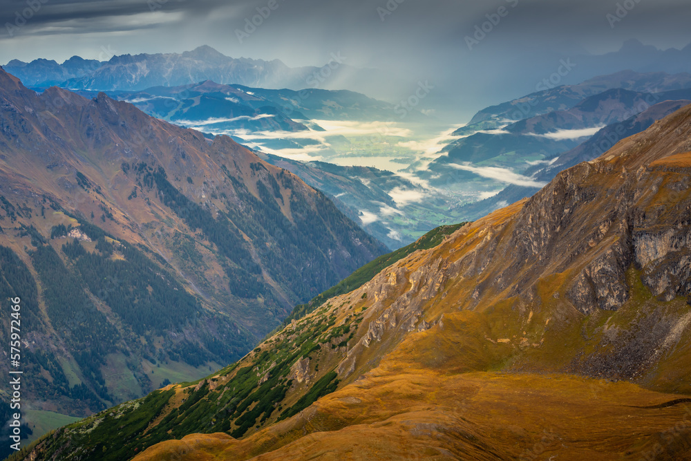 Hohe Tauern mountains and lake from above Grossglockner road at dawn, Austria