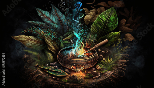 Bowl with ayahuasca inside surrounded by leaves. photo