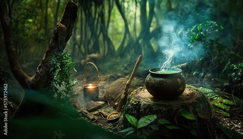 Pot in the middle of the forest cooking ayahuasca.
