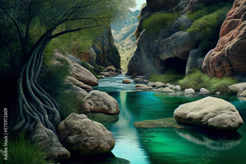 Exceptional Beautiful river source in Urbasa and Andia National park, Navarra. Spain, realistic. Generative Ai photo