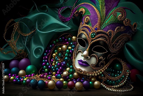 Mardi Gras Party Decor. Carnival Mask And Beads. Generative AI © Pixel Matrix