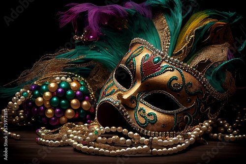 Mardi Gras Party Decor. Carnival Mask And Beads. Generative AI