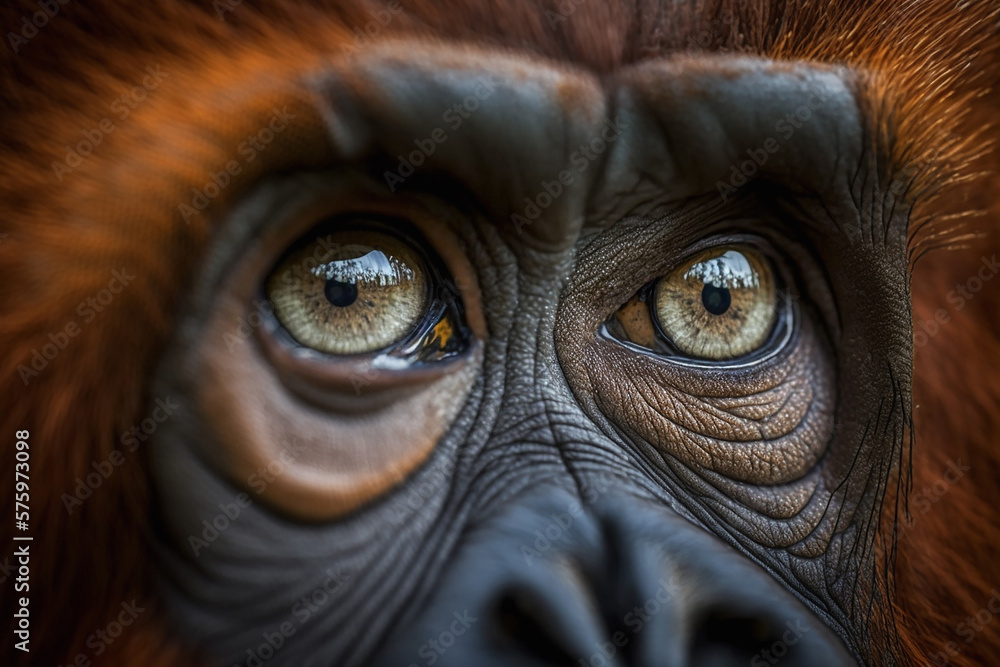 Close up portrait of an orangutan's eyes, with a dramatic and intense expression. conveys a message of animal protection and the importance animal rights, potentially highlighting need to ban zoos. ai