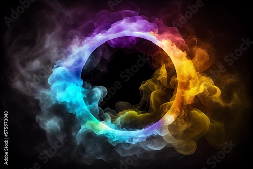 Neon Smoke Exploding Outwards With Empty Center. Dramatic Smoke Or Fog Effect For Spooky, Hot Lighting Ring Circle. Generative AI
