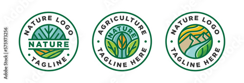 Set nature logo agriculture circular emblem with leaf, flower, river, mountain linear design
