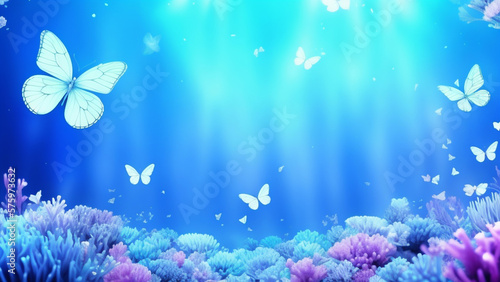幻想的な蝶と美しい水色の背景のテクスチャ Beautiful light blue background texture with fantastic butterflies © sunafe