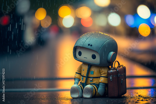 A lonely robot wandering in a rainy street, carrying a suitcase and left behind. A poignant image symbolizing a feeling of loneliness and sadness. Generative AI photo