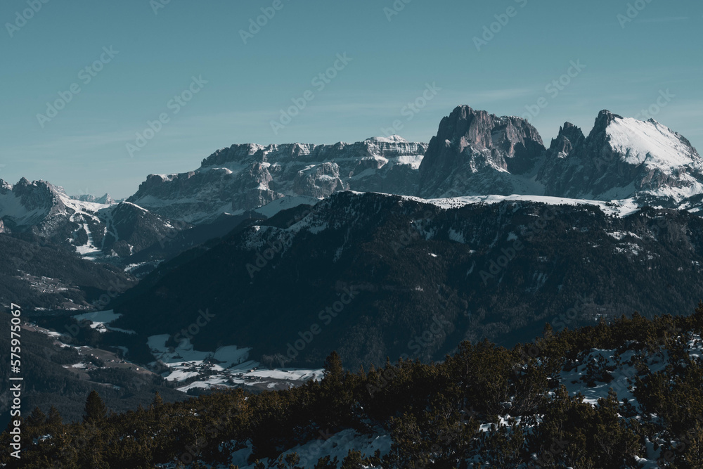 Breathtaking panorama of the great mountains of the Ritten-Ritten plateau. The sunny plateau, between river Talver and Eisack, 1000 m height. Best view of the Dolomites, UNESCO heritage site.