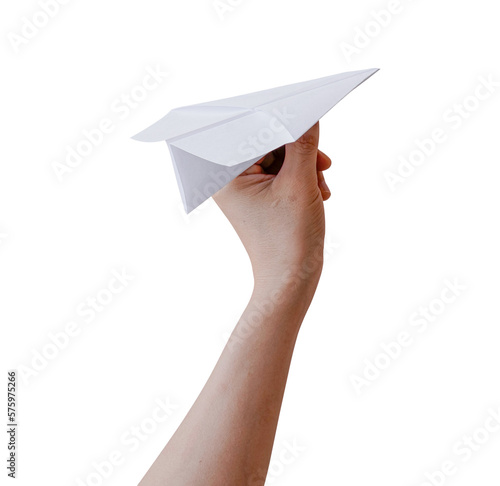 Hand holding paper plane isolated on transparent background PNG file format. photo