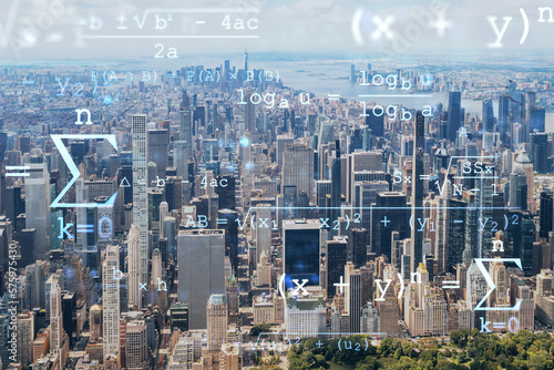 Aerial panoramic helicopter city view of Midtown Manhattan neighborhoods and Central Park  New York  USA. Technologies and education concept. Academic research  top ranking university  hologram