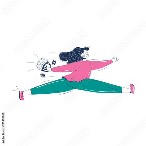 young woman hurries to church with a basket of Easter eggs. Vector illustration for street event, festival and fair, banner, poster design