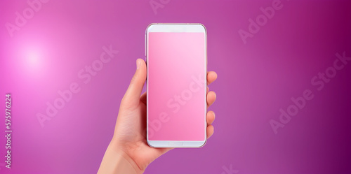 One hand holding a smartphone / Mobile phone with blank display / Pink + White / Ideal for a presentation + decoration / Neutral background / Space for text / Blank text / Copy space
