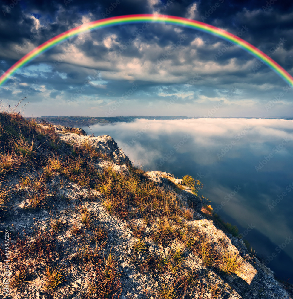 colorful rainbow over river canyon. autumn landscape. nature of Ukraine colorful rainbow over river canyon. autumn landscape. nature of Ukraine