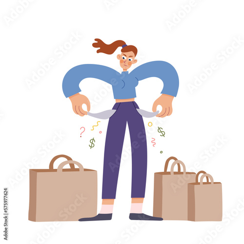 Frustrated young woman with empty pockets unhappy about money run out. Sad young female spend money on impulse buy, financial crisis. Vector illustration.