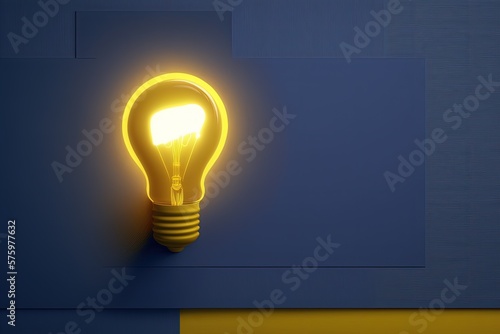 Illustration of light bulb on blue and yellow background, concept of ideas and creativity. Generative AI
