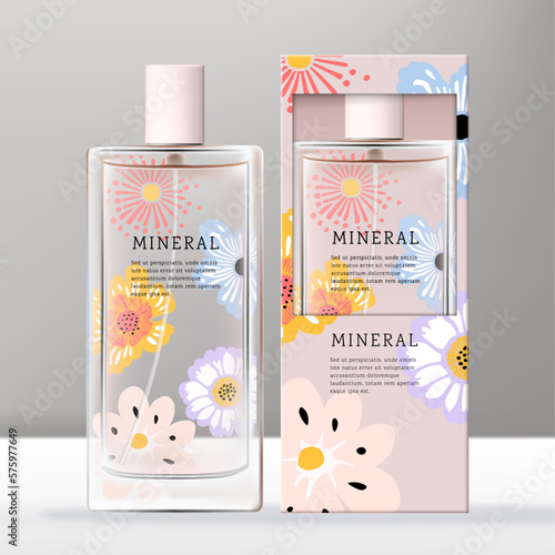 Vector Clear Glass or Plastic Tall Screw Cap Perfume or Fragrance Bottle with Floral Print Open Window Carton Box Packaging.