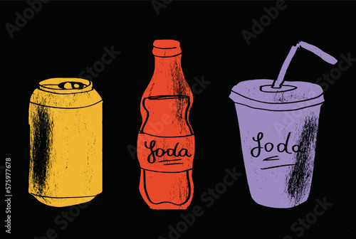 Soft drinks. Cafe drink menu. Vector soda drawing. Hand drawn soda illustrations.