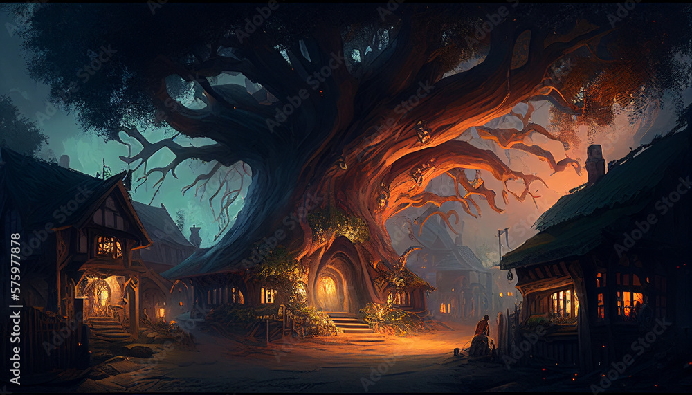 A village built among the roots of an enormous tree with a canopy overhead, cozy lighting, and an inviting mood. 