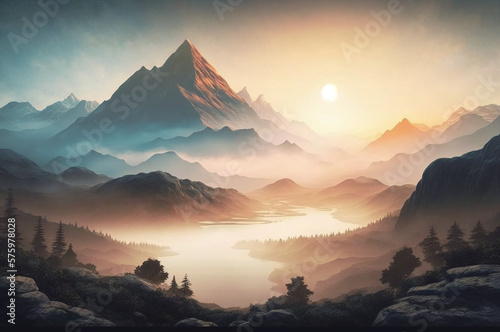 Mountain sunrise - misty valley landscape © Kiss