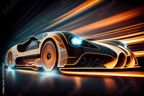 Futuristic Car At High Speed At Night With Motion Blur. Generative AI © Pixel Matrix
