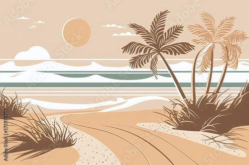 Beach illustration with palm trees and waves