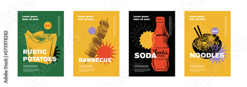 Rustic potatoes, soda, skewer, noddles. Price tag or poster design. Set of vector illustrations. Typography. Engraving style. Labels, cover, t-shirt print, painting.