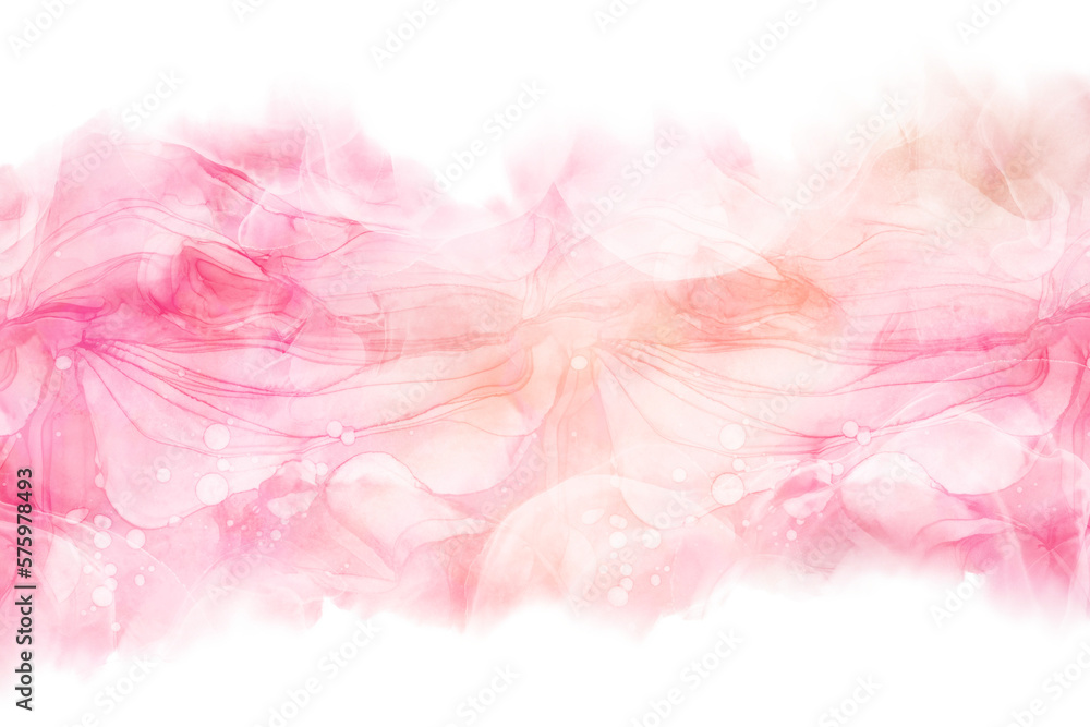 春夏用のアルコールインクアートの幻想的な抽象バナー）ピンクとオレンジのマーブル模様の波
