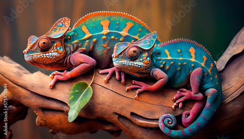 Slika na platnu Here we see a pair of chameleons perched on a limb