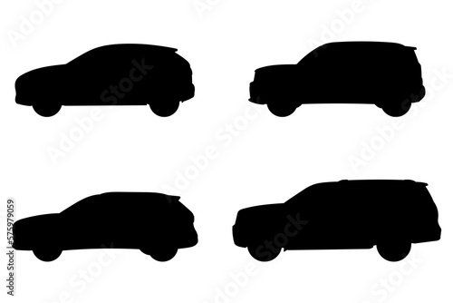 Set with 4 different silhouette types of suv cars in vector, side view. Doodle collection.