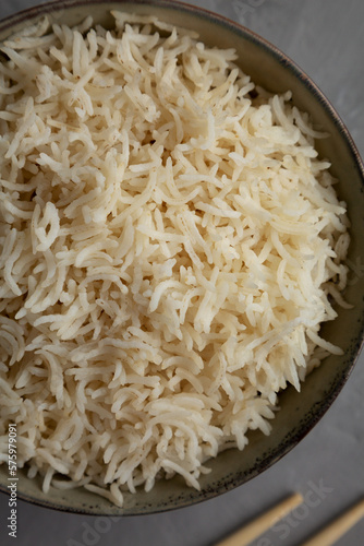 Homemade Cooked Basmati Rice in a Bowl, top view. Flat lay, overhead, from above. Close-up.